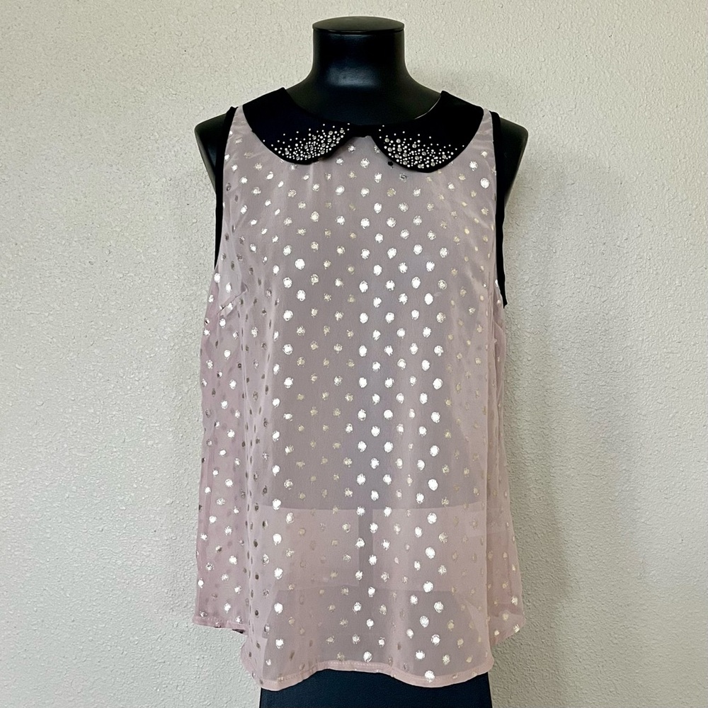 Blu Planet Tan and Black Sleeveless Blouse with Peter Pan Collar